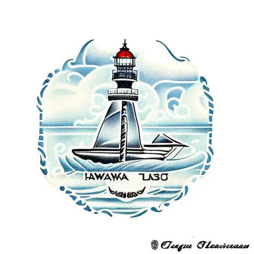 A Hawaiian themed sleeve tattoo featuring sea turtles, lighthouses, seashells, and pineapples tattoo design idea