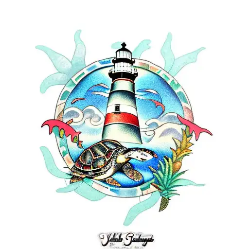 A Hawaiian themed sleeve tattoo featuring sea turtles, lighthouses, seashells, and pineapples.  tattoo design idea