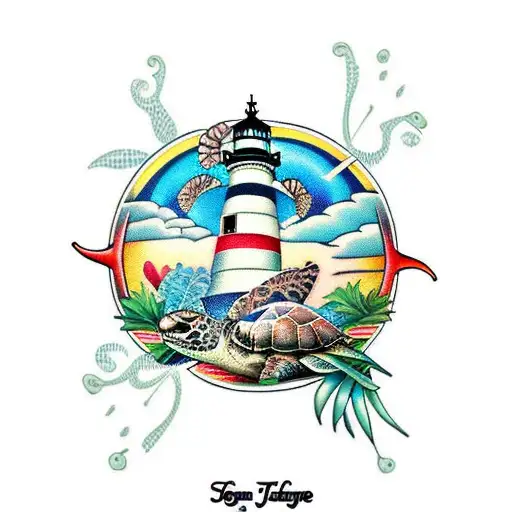 A Hawaiian themed sleeve tattoo featuring sea turtles, lighthouses, seashells, and pineapples.  tattoo design idea