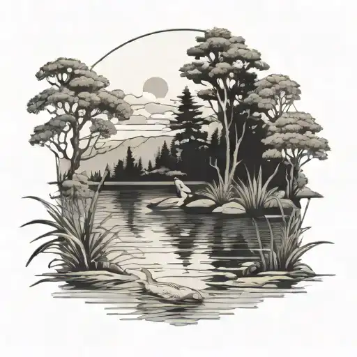 A serene lake scene with a swimmer diving into the water, surrounded by lush greenery and wildlife tattoo design idea