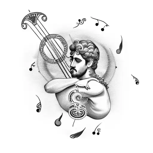 A dotwork tattoo of a greek god playing a lyre under a tree with leaves shaped like musical notes and wind blowing through them tattoo design idea