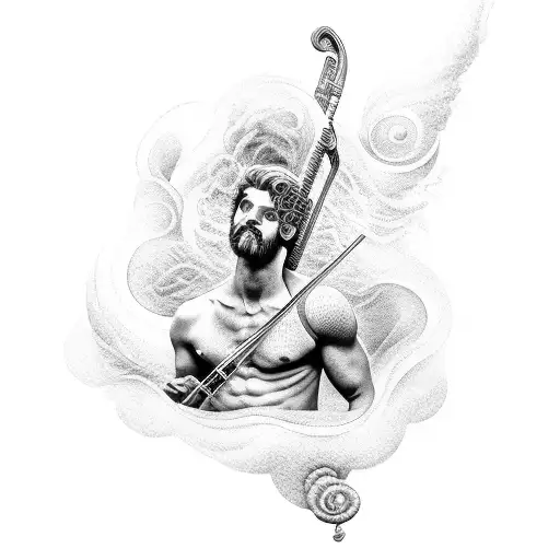 A dotwork tattoo of a greek god playing a musical instrument surrounded by swirling weather patterns tattoo design idea