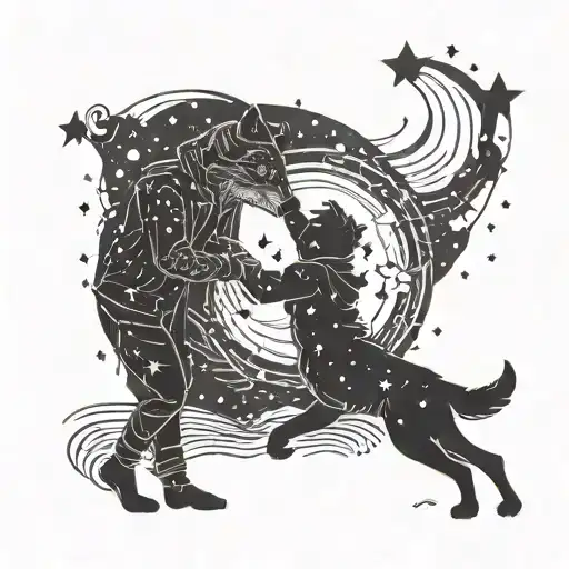 A father and child dancing under a starry sky filled with wolf silhouettes tattoo design idea