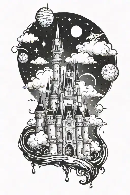 disney castle floating in space tattoo design idea