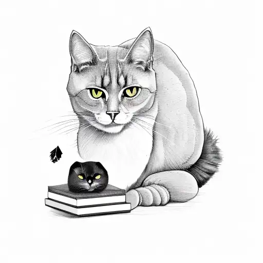blackcat looking up at falling crow feathers while sitting on a stack of books laying infront of the books lavender  tattoo design idea