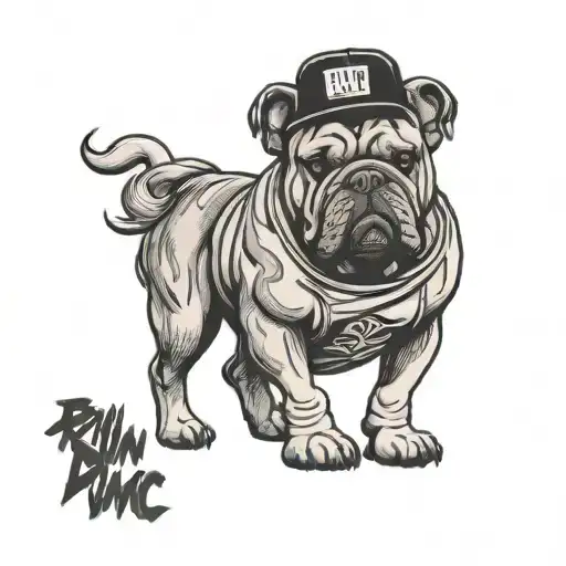 bulldog wearing Run DMC gear standing against brick wall  tattoo design idea