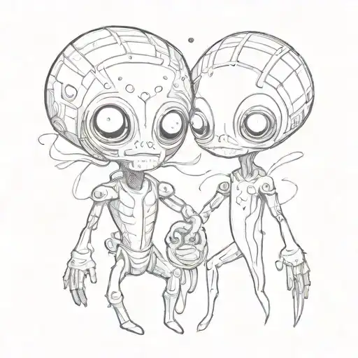 matching best friend funny aliens one tall and one is short giving each other knuckles.  tattoo design idea