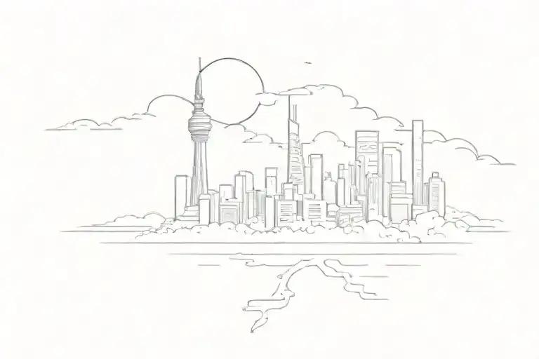 modern city scape after earthquake tattoo design idea