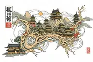 modern city scape after earthquake tattoo design idea