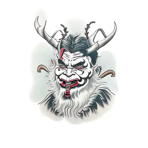 A traditional-style tattoo of Krampus holding a bag with a frightened child inside tattoo design idea