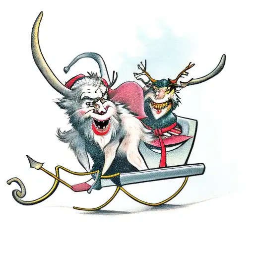A mischievous Krampus riding a sleigh pulled by demonic reindeer tattoo design idea