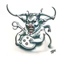 A traditional-style tattoo of Krampus holding a bag with a frightened child inside tattoo design idea