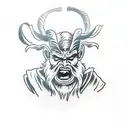 A traditional-style tattoo of Krampus holding a bag with a frightened child inside tattoo design idea