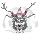 A traditional-style tattoo of Krampus holding a bag with a frightened child inside tattoo design idea