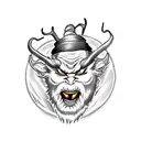 A mischievous Krampus riding a sleigh pulled by demonic reindeer tattoo design idea