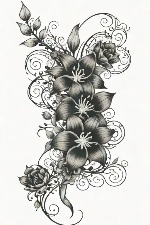 spiral like vine from middle of forearm to bottom of wrist with lily of the valleys, violets, daffodils, and poppies  tattoo design idea