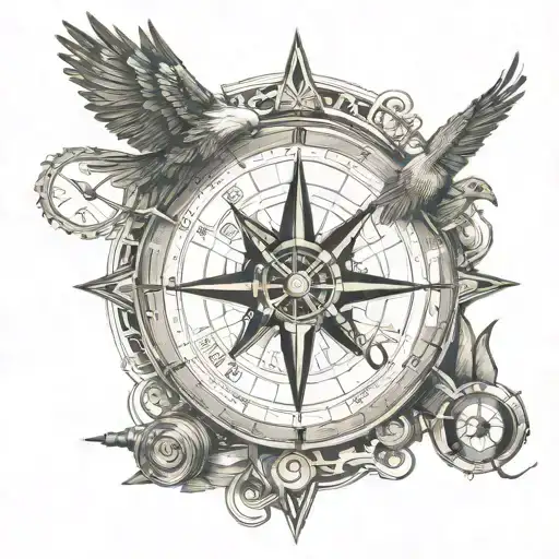 A creative interpretation of a sniper scope design with a clock or calendar motif, complemented by elements representing focus and precision, like a compass and eagle, with a banner featuring a personal quote or date. tattoo design idea