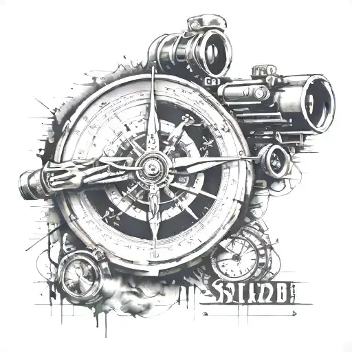 A detailed sniper scope design with a clock or calendar motif, surrounded by elements representing focus and precision, such as a compass and eagle, with a banner featuring a significant quote or date. tattoo design idea