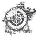 A detailed sniper scope design with a clock or calendar motif, surrounded by elements representing focus and precision, such as a compass and eagle, with a banner featuring a significant quote or date. tattoo design idea