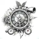 A detailed sniper scope design with a clock or calendar motif, surrounded by elements representing focus and precision, such as a compass and eagle, with a banner featuring a significant quote or date. tattoo design idea