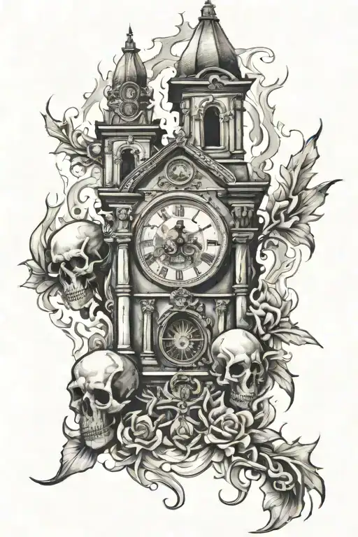burning church, skulls and a clock  tattoo design idea