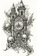 burning church, skulls and a clock  tattoo design idea