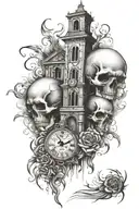 burning church, skulls and a clock  tattoo design idea