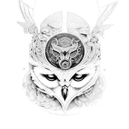 An intricate design of Hecate surrounded by owls tattoo design idea