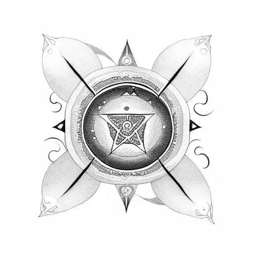 A dotwork tattoo featuring a crescent moon surrounded by witchcraft symbols tattoo design idea