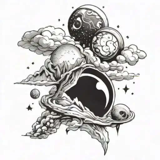 mountains, planets and galaxies with an eye in the clouds tattoo design idea