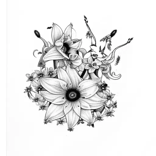 black and white cat surrounded by forget-me-nots, laelia orchids, stargazer lilies, queen anne's lace  tattoo design idea