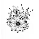 black and white cat surrounded by forget-me-nots, laelia orchids, stargazer lilies, queen anne's lace  tattoo design idea