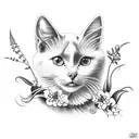 black and white cat surrounded by forget-me-nots, laelia orchids, stargazer lilies, queen anne's lace  tattoo design idea