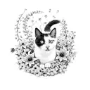 black and white cat surrounded by forget-me-nots, laelia orchids, stargazer lilies, queen anne's lace  tattoo design idea