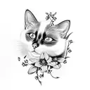 black and white cat surrounded by forget-me-nots, laelia orchids, stargazer lilies, queen anne's lace  tattoo design idea
