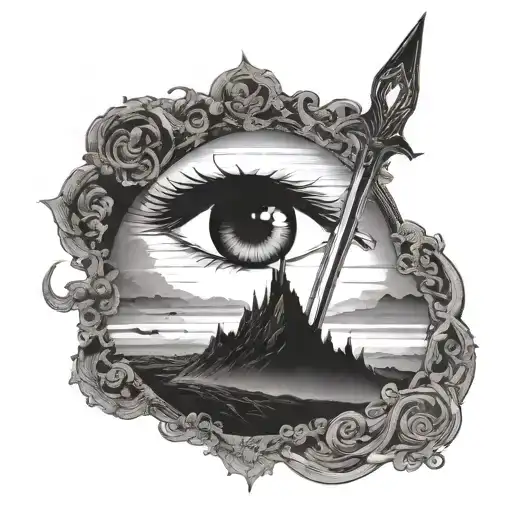 A silhouette of Sauron's eye overlooking the lands of Mordor, with Aragorn's sword Andúril glowing in the darkness tattoo design idea