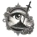 A silhouette of Sauron's eye overlooking the lands of Mordor, with Aragorn's sword Andúril glowing in the darkness tattoo design idea