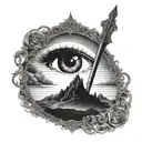 A silhouette of Sauron's eye overlooking the lands of Mordor, with Aragorn's sword Andúril glowing in the darkness tattoo design idea