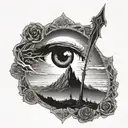 A silhouette of Sauron's eye overlooking the lands of Mordor, with Aragorn's sword Andúril glowing in the darkness tattoo design idea