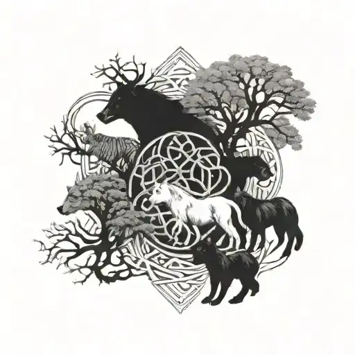 A mystical forest scene with various animals such as bears, horses, wolves, and lynxes intertwined in a Celtic knot design tattoo design idea