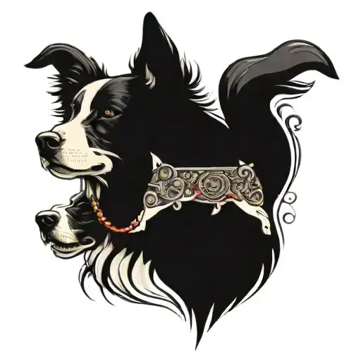 An intricate tattoo of a boss figure standing confidently with a border collie at their side, showcasing leadership and loyalty tattoo design idea