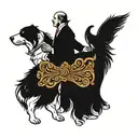 An intricate tattoo of a boss figure standing confidently with a border collie at their side, showcasing leadership and loyalty tattoo design idea