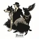 An intricate tattoo of a boss figure standing confidently with a border collie at their side, showcasing leadership and loyalty tattoo design idea