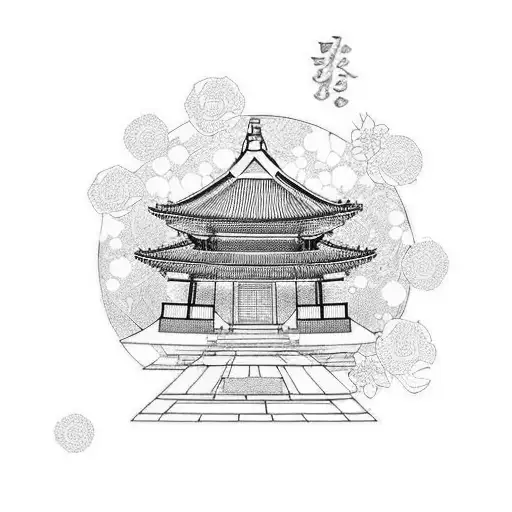 korean temple with flowers tattoo design idea