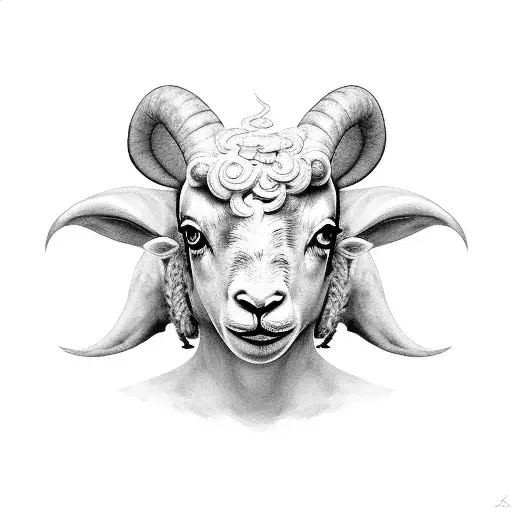 girl with lamb's head on top tattoo design idea