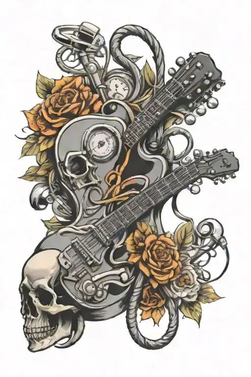 A guitar intertwined with a stethoscope symbolizing the client's love for music and nursing profession tattoo design idea