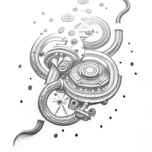 Illustrate a dotwork tattoo featuring a turbo with a prominently redlined rpm gauge tattoo design idea