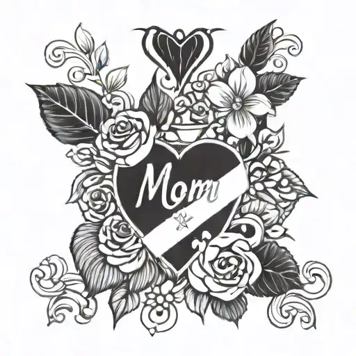 A tattoo design featuring a heart with 'mom' and 'dad' written in a stylized font, surrounded by a floral wreath tattoo design idea