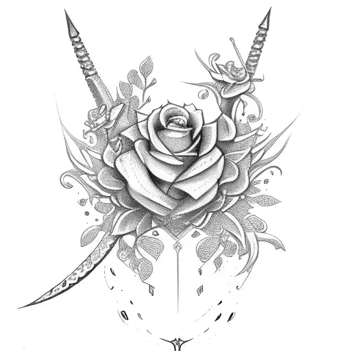 dagger with flowers and snake tattoo design idea