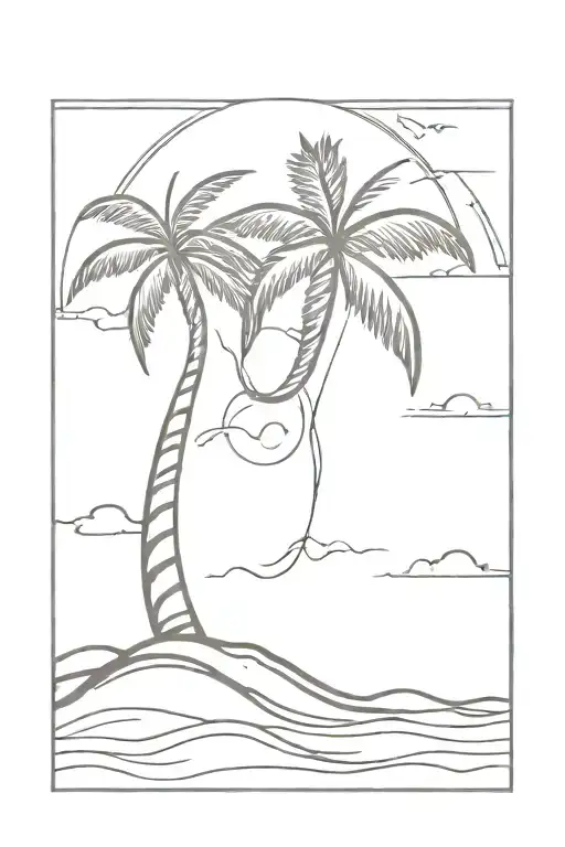 vertical beach with waves and sun, at the very top have a palm tree part of the vertical line of the beach  tattoo design idea